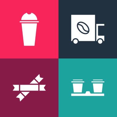 Pop Art Kahve fincanını paket şekeri, sokak arabası ve milkshake ikonuna ayarla. Vektör.