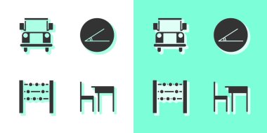 Okul masası, sandalye, otobüs, abaküs ve akut açı simgesi. Vektör.