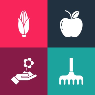 Pop Sanat Bahçesi Tırmığı, El Tutma Çiçeği, Elma ve Mısır ikonu. Vektör.