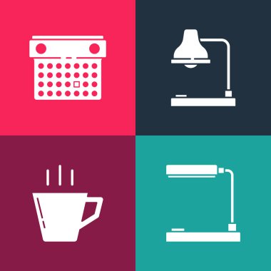 Pop sanat masa lambasını, kahve fincanını ve takvim ikonunu ayarla. Vektör.