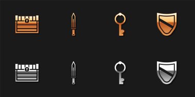 Antika hazine sandığı, Ortaçağ kılıcı, Eski anahtar ve Kalkan ikonu. Vektör.