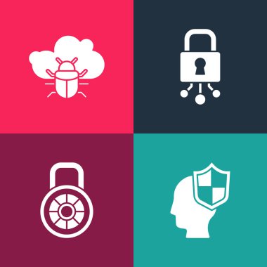 Pop Art Head 'i kalkan, güvenlik kilidi, siber güvenlik ve sistem böcek bulut simgesi ile ayarla. Vektör.