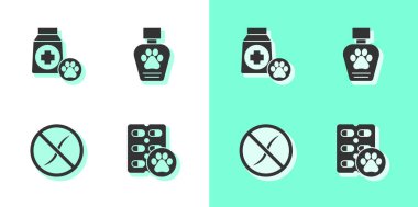 Köpek hapı, yiyecek çantası, parazit ilacı ve evcil hayvan şampuanı ikonu. Vektör.