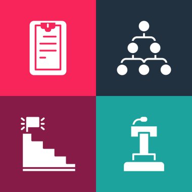 Pop Sanat Sahnesi veya Tribün, bitiş bayrağı olan merdiven, hiyerarşi organogram şeması ve pano kontrol listesi simgesini ayarlayın. Vektör.