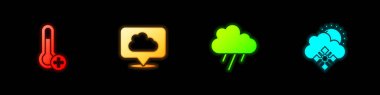 Meteoroloji termometresi, konum bulutu, yağmur, kar ve güneş ikonu ile bulut ayarlayın. Vektör.