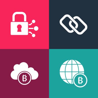 Popüler sanat eseri Globe Bitcoin, Kripto para birimi bulut madenciliği, Zincir halkası ve Kilit 'i bitcoin simgesi ile ayarla. Vektör.