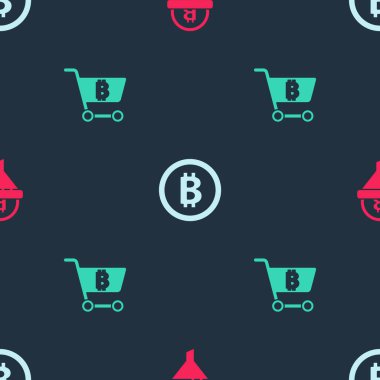 Satış hunisini bitcoin, bitcoin ve alışveriş arabasıyla kusursuz şekilde ayarla. Vektör.