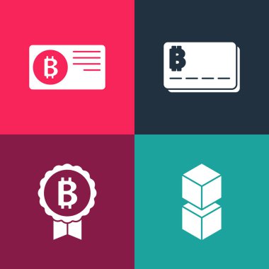 Pop Art Blockchain teknolojisi, Bitcoin, Bitcoin, Bitcoin ve ikon ile kredi kartı ayarla. Vektör.