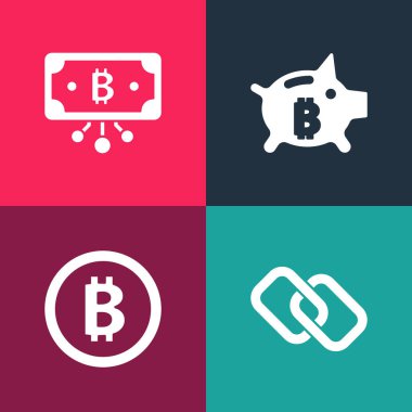Pop Art Chain linkini, Bitcoin 'i, Piggy Bank Bitcoin' i ve devre simgesini ayarla. Vektör.