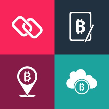 Pop Art Cryptocurrency bulut madenciliği, Bitcoin, Tablet ve Chain link ikonundan madencilik bitcoin ayarlayın. Vektör.