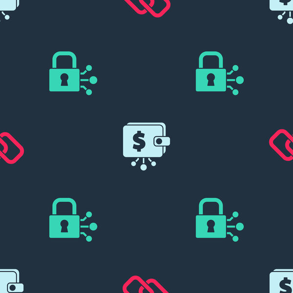 Установите цепную связь, кошелек криптовалюты и замок с биткойном по бесшовной схеме. Вектор.