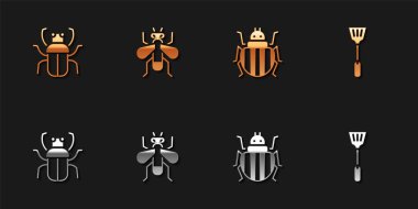 Stink Bug, Böcek Sineği, Colorado Böceği ve Sinek Ezici ikonunu ayarla. Vektör.