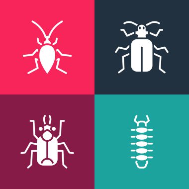 Pop Art Centipede, Böcek, Chafer Beetle ve Hamamböceği ikonunu ayarla. Vektör.