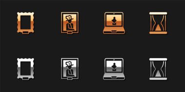 Resim, Müzede Portre, İnternette ve kum ikonlu Eski Kum Saati. Vektör.