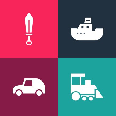 Oyuncak tren, araba, tekne ve kılıç oyuncağı ikonunu ayarla. Vektör.