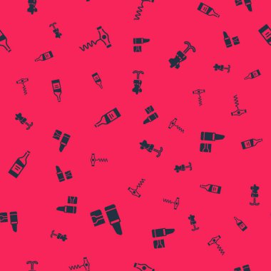 Dudak nemlendiricisi, şarap tirbuşonu, bir şişe şarap ve kusursuz desenli manken. Vektör.