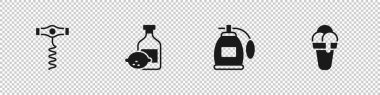 Şarap tirbuşonu, limoncello şişesi, parfüm ve dondurma ikonu. Vektör.