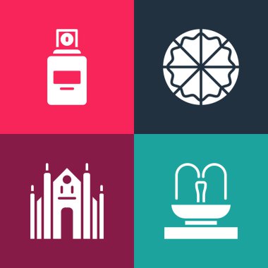 Pop Sanat Çeşmesi, Milan Katedrali, Pizza ve Parfüm ikonu. Vektör.