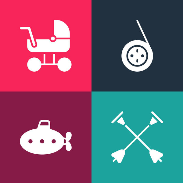 Набор поп-арта "Стрела" с наконечником присоски, подводной игрушкой, йойо и иконой для поглаживания младенца. Вектор.