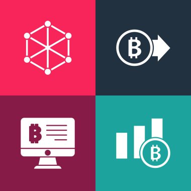 Set pop art Pie chart infographic bitcoin, Mining from monitor, Bitcoin and Blockchain technology icon. Vector.