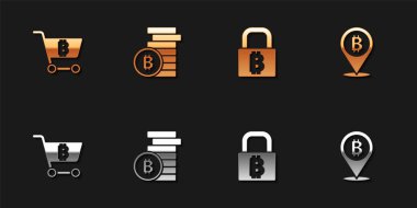 Alışveriş arabasını bitcoin, Bitcoin, Lock ve ikon ile ayarla. Vektör.