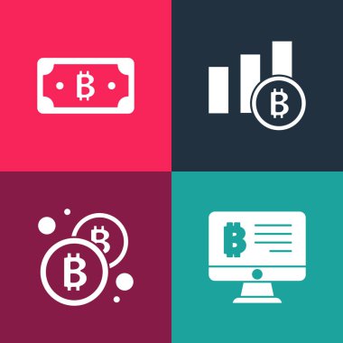 Pop Art Mining bitcoin 'i monitörden, Bitcoin' den, Pasta grafiği bilgisinden ve Kripto para ikonundan ayarla. Vektör.