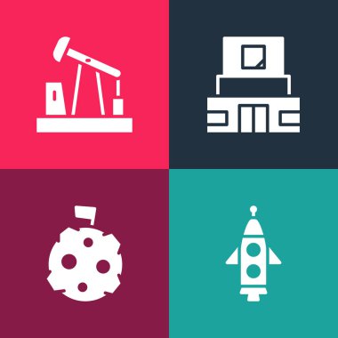 Pop sanat roket gemisi, bayraklı ay, Lenin ve Oil mozolesi ya da pompa ikonu ayarlayın. Vektör.