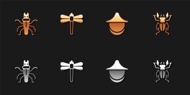 Termit, Dragonfly, Beekeeper şapkası ve Böcek geyiği ikonu. Vektör.