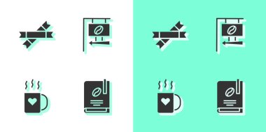 Kahve kitabı, şeker çubuğu paketleri, bardak ve kalp ve sokak tabelaları kahve ikonu. Vektör.