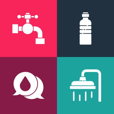 Pop sanat duş başlığını, konuşma baloncuklarıyla su damlasını, bir şişe su ve musluk ikonunu ayarlayın. Vektör.