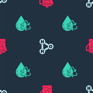 Su testisini bir filtreyle ayarla, H2O için kimyasal formül ve temiz suyu dikişsiz desen üzerine geri dönüştür. Vektör.