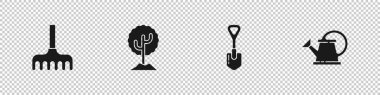 Bahçe tırmığı, ağaç, kürek ve su kutusu simgesini ayarla. Vektör.