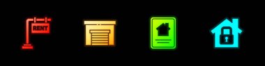 Kiralama, Garaj, Çevrimiçi Emlak Evi ve Ev 'e koruma simgesi koyun. Vektör.
