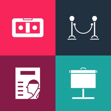 Pop sanat projeksiyon ekranını, sinema posterini, ip engelini ve VHS video kaset ikonunu ayarla. Vektör.