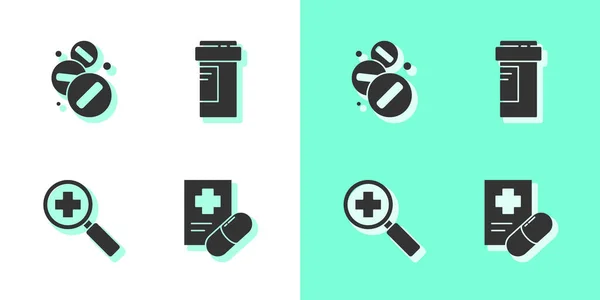 Set Prescription Médicale Pilule Comprimé Médecine Verre Grossissant Pour Recherche — Image vectorielle