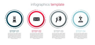 Set Business Stratejisi, Zarf, Megafon ve Sahne Standı veya Tribün. Ticari bilgi şablonu. Vektör.