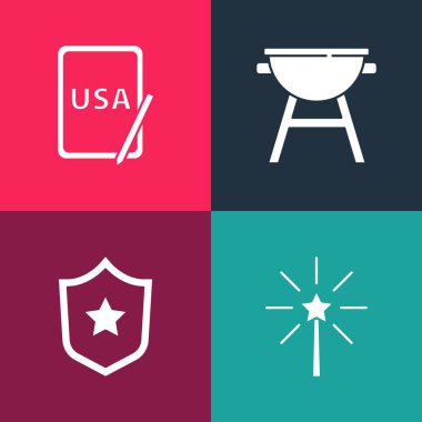 Pop Art Firework, polis rozeti, barbekü ızgarası ve ABD 'yi grafik tabletine koy. Vektör.