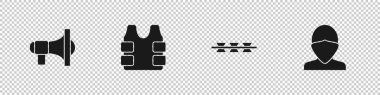 Megafon, kurşun geçirmez yelek, dikenli tel ve Vandal ikonu hazırlayın. Vektör.