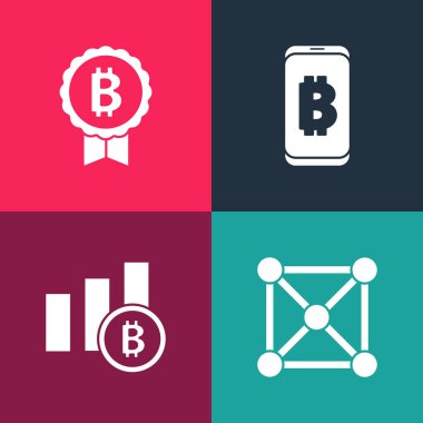 Pop Art Blockchain teknolojisini, Pasta grafiği bilgi birikimini, mobil ve Bitcoin ikonundan madenciliği ayarla. Vektör.