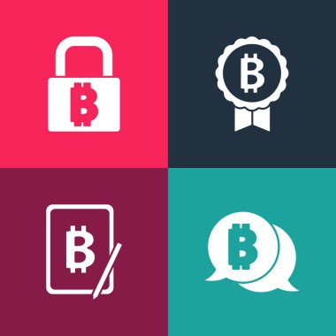 Pop Art Bitcoin 'i, Tabletten Madencilik Bitcoin' ini ve Kilit 'i ikon ile ayarla. Vektör.