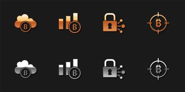 Kripto para birimi bulut madenciliğini, turta grafiksel bitcoin 'i, Kilitlenmeyi ve hedef simge Bitcoin' i ayarlayın. Vektör.