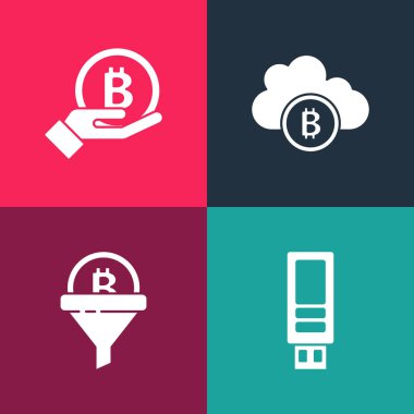 Pop sanat USB flaş belleği, bitcoin ile satış hunisi, Kripto para bulut madenciliği ve Bitcoin ikonu tutan El ayarlayın. Vektör.