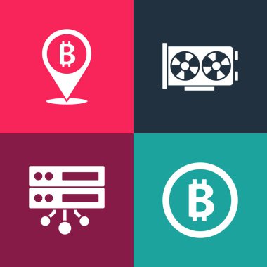 Pop Art Bitcoin, Server, Video grafik kartı ve simgeyi ayarla. Vektör.