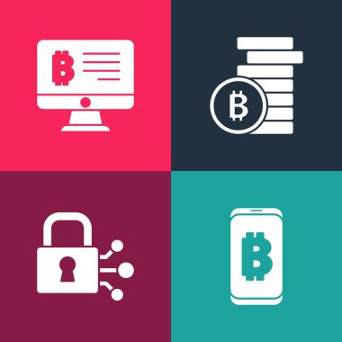 Pop Art Madencilik bitcoin 'ini mobil, Lock with, Bitcoin ve monitör simgesinden ayarla. Vektör.