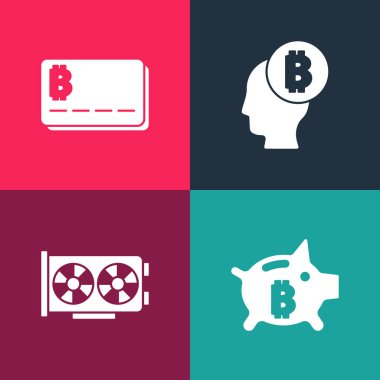 Pop Art Piggy Bankası Bitcoin, Video Grafik Kartı, Bitcoin Düşünme ve ikonlu Credit ayarlayın. Vektör.