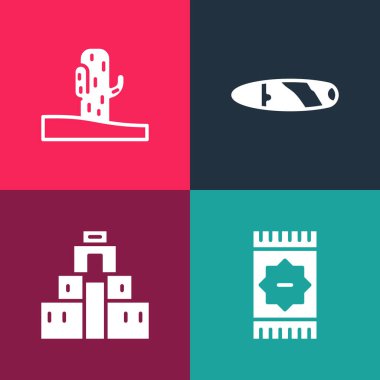 Meksika halısı, Maya 'da Chichen Itza, Puro ve Kaktüs ikonu. Vektör.