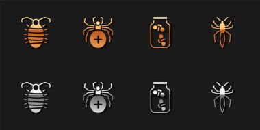 Larva böceği, Örümcek, Ateş böcekleri kavanozu ve ikonu hazırla. Vektör.