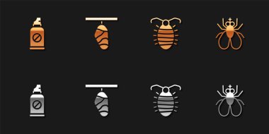 Böceklere, kelebek kozasına, larvaya ve böcek ikonuna karşı sprey sıkın. Vektör.