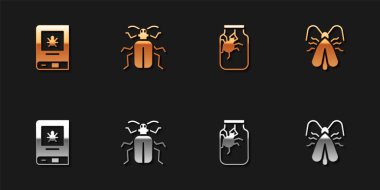 Böcek, saman böceği, örümcek kavanozu ve güve ikonu hakkında kitap hazırla. Vektör.