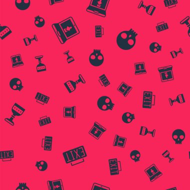 Çıkış tabelasını, çevrimiçi müzeyi, ortaçağ kadehini ve insan kafatasını kusursuz desenli olarak ayarla. Vektör.